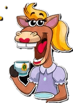 Mascote do Bar Chá da Égua, uma égua sorrindo com uma xícara de chá na mão